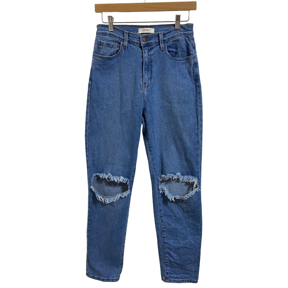 Vibrant MIU Distressed Mom Jeans Womens 9 W28 Blue Excellent‎ Ripped High Rise